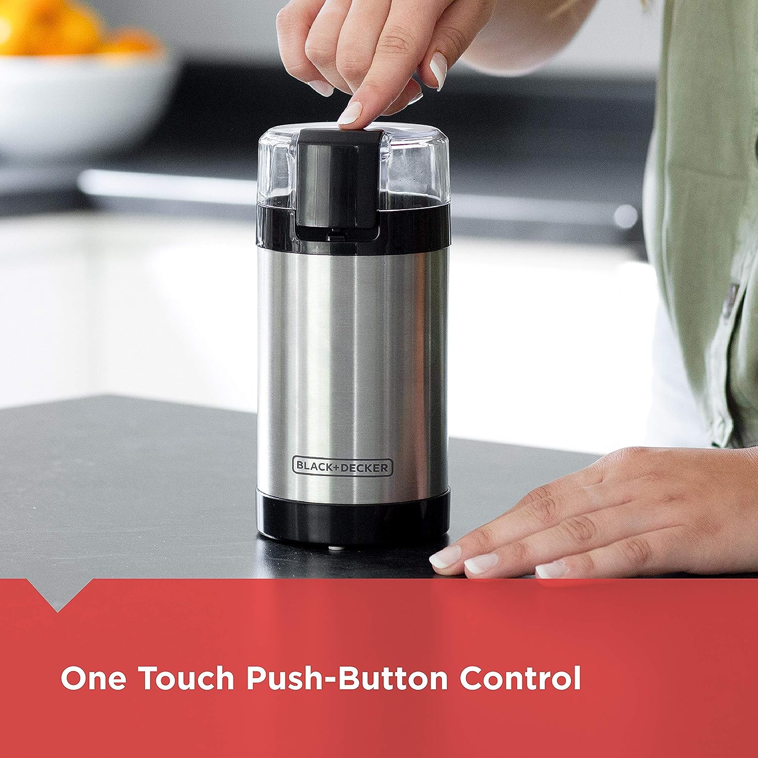 Black+Decker Grinder One Touch Push-Button Control, 2/3 Cup Coffee Bean Capacity, Stainless Steel