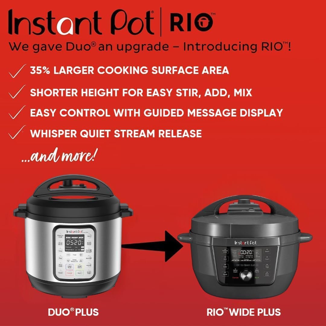 Instant Pot RIO Wide Plus, 7.5 Quarts 35% Larger Cooking Surface, WhisperQuiet Steam Release, 9-in-1 Electric Multi-Cooker, Pressure Cooker, Slow Cooker, Rice Cooker, Steamer, Sauté, Cake  Warmer