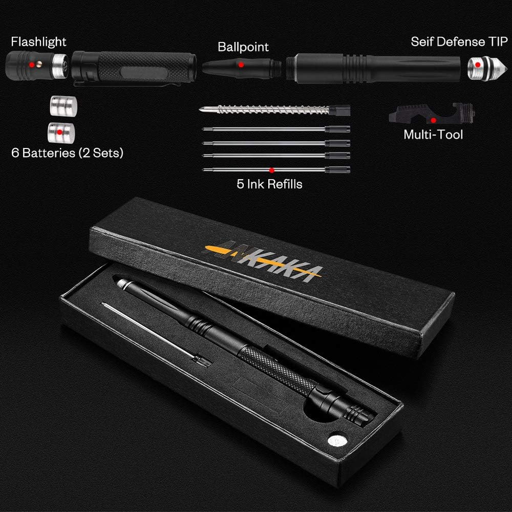 The Most Loaded 6-in-1 Tactical Pen: Solves Other Brands Weaknesses,Self Defense Tip + Flashlight + Ballpoint + Bottle Opener + Screw Driver + Hexagonal Wrench, 5 Ink Refills + 6 Batteries + Gift Box