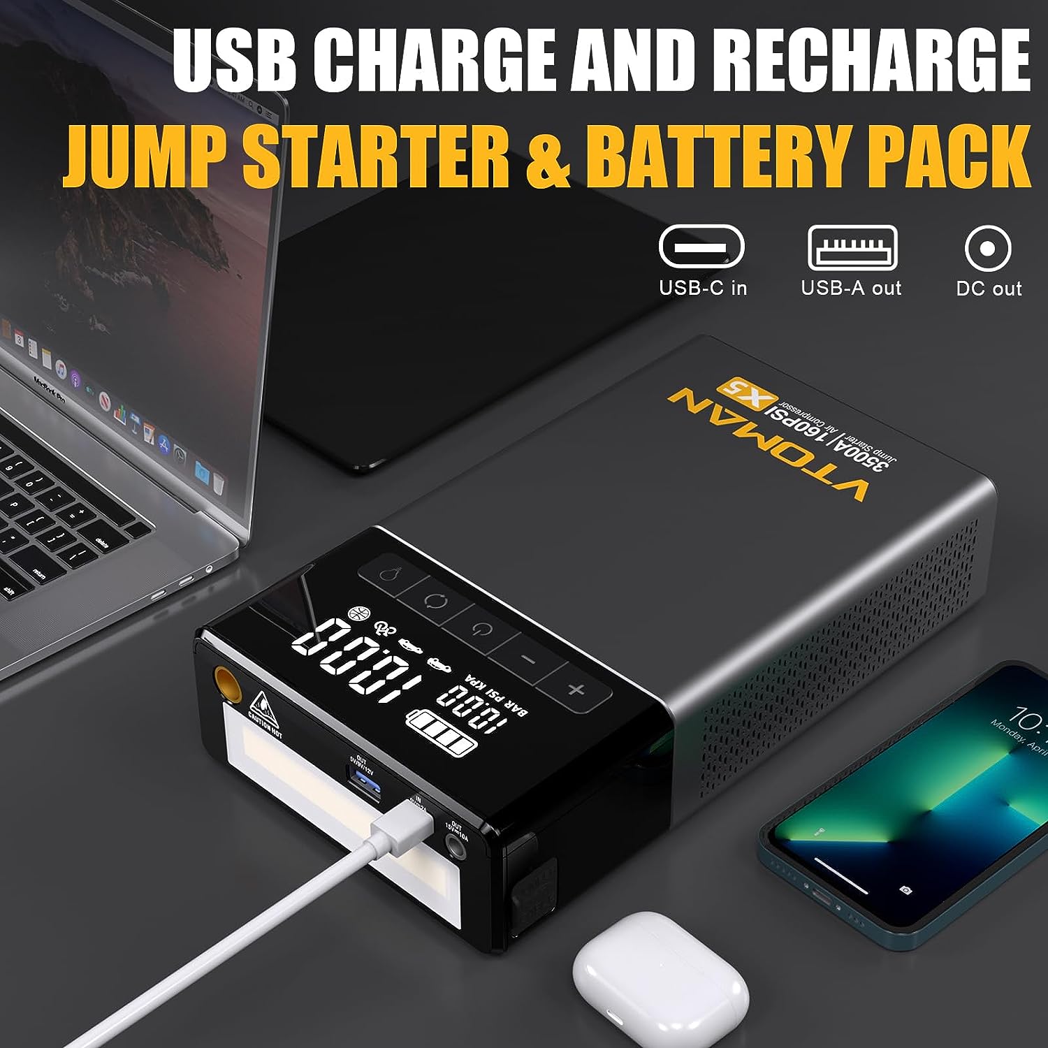 VTOMAN X5 Jump Starter with Air Compressor, 3500A Portable Car Battery Booster (Up to 9L Gas/8L Diesel Engines) with 160PSI Digital Tire Inflator, 12V Lithium Battery Jump box with Type-C Quick Charge